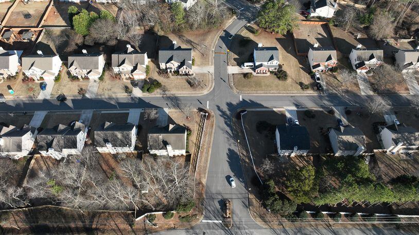 Aerial view of Winslow at Eagles Landing neighborhood, where a large number of homes are owned by investors, Thursday, Jan. 26, 2023, in McDonough. Two companies — Invitation Homes and Progress Residential — each own more than 10,000 homes in the metro Atlanta area as of, or near the end of, the 2nd quarter 2022. In fact, there are 11 companies with ties to private equity that own more than 1,000 homes, according to an AJC analysis. (Hyosub Shin / Hyosub.Shin@ajc.com)