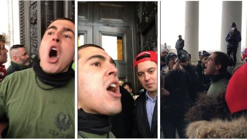 Blas Fabian Santillan, a Clayton, Ga., man arrested Aug. 23 for his alleged role in the Jan. 6 pro-Trump riot, shouts to the crowd outside the U.S. Capitol. He has been charged with four misdemeanor counts. FBI PHOTO