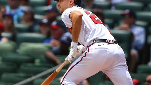 052922 Atlanta: Atlanta Braves first baseman Matt Olson rips a double against the Miami Marlins during the first inning of a MLB baseball game on Sunday, May 29, 2022, in Atlanta.    “Curtis Compton / Curtis.Compton@ajc.com”