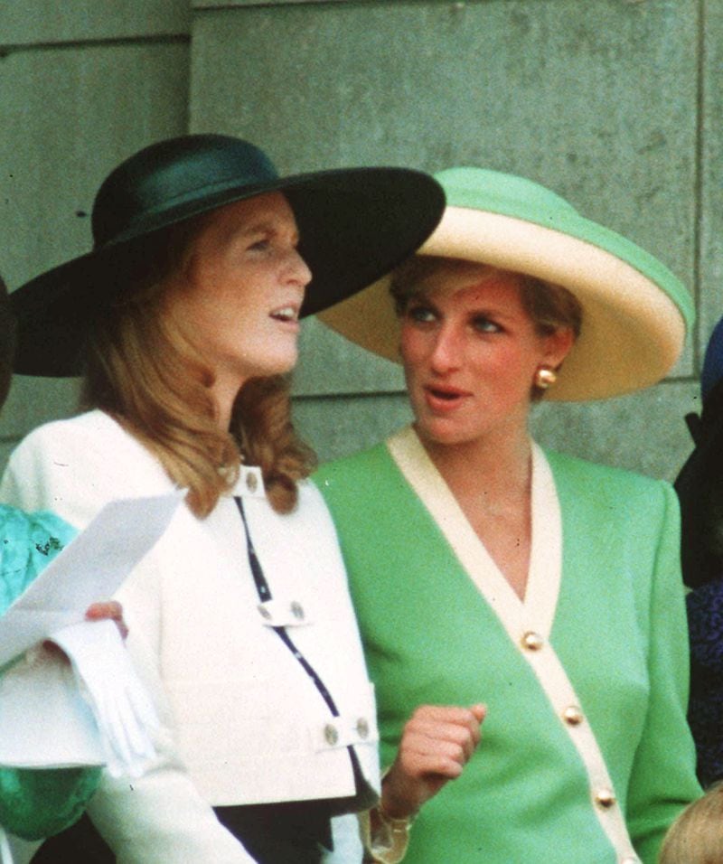 FILE--Princess Diana, right, and the Duchess of York attend an event honoring the 50th anniversary of the Battle of Britain at Britain's Buckingham Palace in this Sept. 15, 1990 file photo.   (AP Photo/file/Gil Allen)
