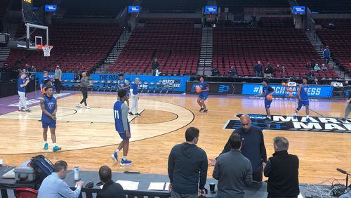 Georgia State players go through their practice routine at the Moda Center in Portland, Ore. It was their final practice prior to the NCAA opener against Gonzaga on Thursday. (Photo by Stan Awtrey)