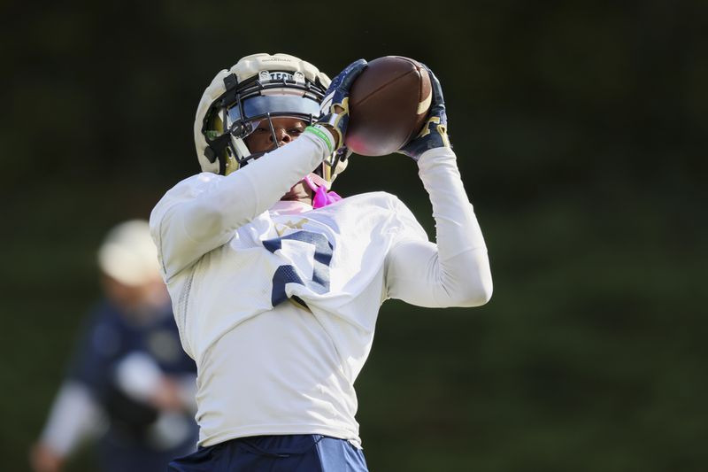 Georgia Tech wide receiver Eric Singleton, Jr. (2) makes a catch during their first day of spring football practice at Rose Bowl Field, Monday, March 11, 2024, in Atlanta. (Jason Getz / jason.getz@ajc.com)