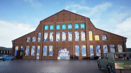 An artist's photo illustration shows Building 1 at the Pullman Yard in Kirkwood as it may look when presenting the sound-and-light show "Van Gogh: The Immersive Experience." (Courtesy: Exhibition Hub)