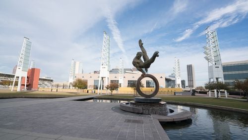 The International Plaza at the Georgia World Congress Center will be lit up in purple on the evenings of Oct. 17, 18 and 19.