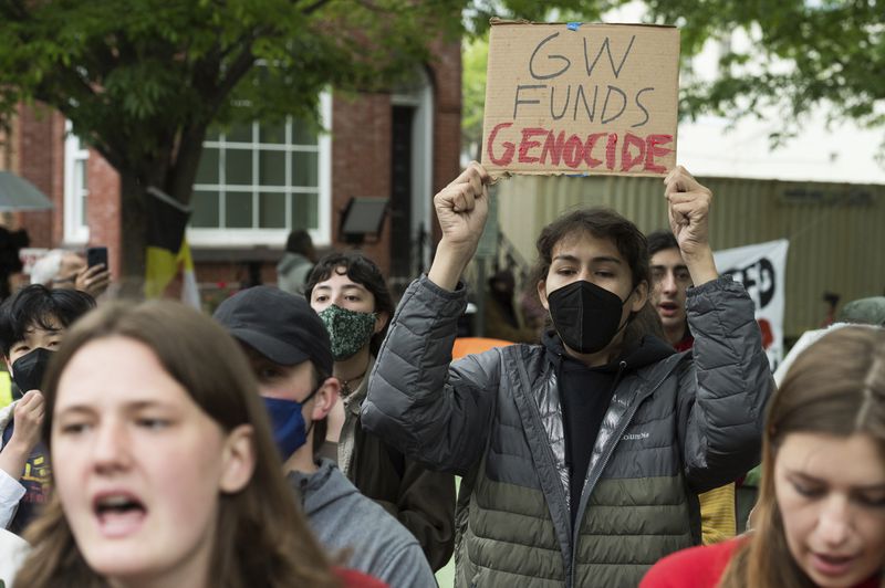 Students protest the Israel-Hamas war at George Washington University in Washington, Saturday, April 27, 2024. Protests and encampments have sprung up on college and university campuses across the country to protest the war. (AP Photo/Cliff Owen)