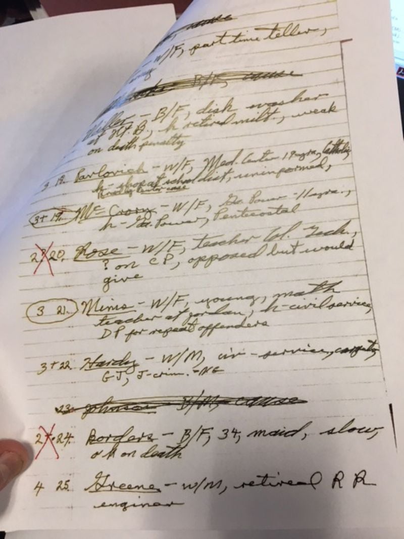A prosecutor's notations on the jury list in a death-penalty trial in Columbus in the 1970s. The entry near the bottom of the page notes "B/F, 34, maid, slow, OK on death." The latter notation refers to the prospective juror's willingness to impose the death penalty.