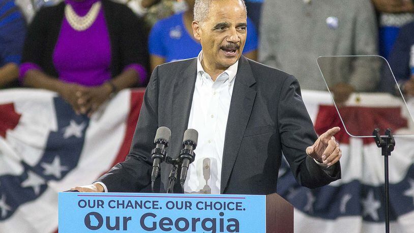 Former U.S. Attorney General Eric Holder speaks during a November 2018 rally for Democratic gubernatorial candidate Stacey Abrams inside Forbes Arena at Morehouse College. (ALYSSA POINTER/ALYSSA.POINTER@AJC.COM)