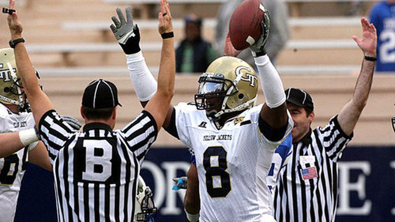 Georgia Tech wide receiver Demaryius Thomas (8) celebrates after recovering a fumble for a touchdown.