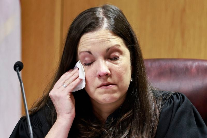 Judge Emily Richardson wipes tears from her eyes while listening to remarks from Mariah Maxie, mother of Kennedy Maxie, during the sentencing hearing for Daquan Reed on Monday.