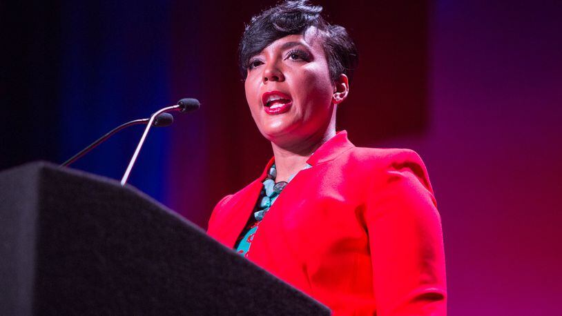 Keisha Lance Bottoms, Mayor of Atlanta, speaks at the State Of The City Business Breakfast last Thursday. She touted her commitment to transparency and ethics reform among her accomplishments during her first 14 months in office. (Photo by Phil Skinner)