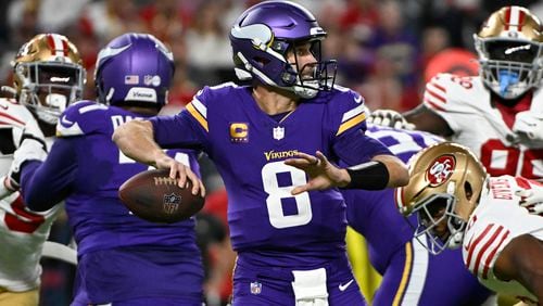 Minnesota Vikings quarterback Kirk Cousins (8) throws a pass against the San Francisco 49ers at U.S. Bank Stadium on Oct. 23, 2023, in Minneapolis. (Stephen Maturen/Getty Images/TNS)