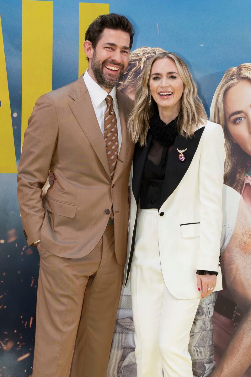 Emily Blunt, right, and John Krasinski pose upon arrival at the special screening for the film 'The Fall Guy' on Monday, April 22, 2024, in London. (Photo by Vianney Le Caer/Invision/AP)