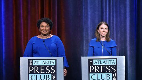 Democrats Stacey Abrams, left, and Stacey Evans are shaping much of their campaigns for governor to appeal to black voters, who make up the biggest share of the party’s voters. An internal memo from the Abrams campaign predicts that 65 percent of the voters in Tuesday’s Democratic primary will be black. HYOSUB SHIN / HSHIN@AJC.COM