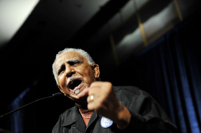 Civil Rights leader Rev. Joseph Lowery fires up the crowd at a Democratic election night party in 2008. RICH ADDICKS / raddicks@ajc.com