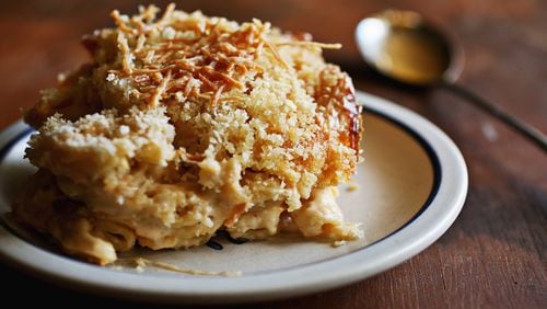 This Beer-baked Macaroni and Cheese is adapted from the Rackhouse Pub in Denver. With two sticks of butter, two cups of half-and-half and five different cheeses, it is over-the-top good. (Juli Leonard/Raleigh News & Observer/TNS)