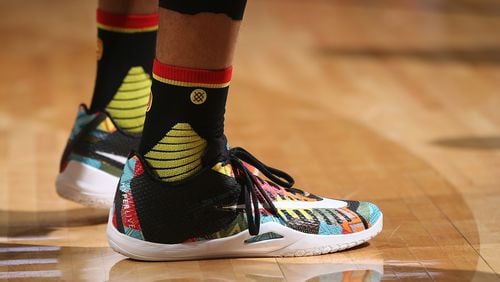 A detail of the shoes worn by Hawks' Mike Scott against the  Nuggets Jan. 25, 2016, at the Pepsi Center in Denver.