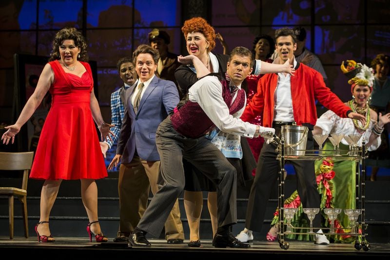The Atlanta Opera’s “Don Pasquale”moves the classic opera to 1950s Hollywood. In a party scene, chorus members appear as Hollywood celebrities including Lucille Ball, Elvis Presley and Carmen Miranda. CONTRIBUTED BY RAFTERMAN PHOTOGRAPHY