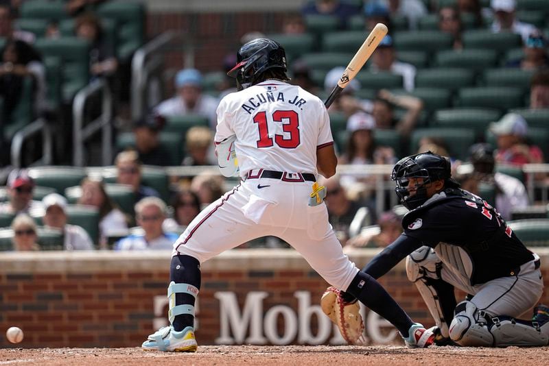 Atlanta Braves outfielder Ronald Acuña Jr. (13) waits for a pitch against the Cleveland Guardians in the eighth inning of a baseball game, Sunday, April 28, 2024, in Atlanta. (AP Photo/Mike Stewart)