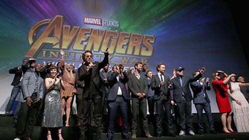Cast and crew members of "Avengers: Infinity War" at the Hollywood premiere. Photo by Jesse Grant/Getty Images for Disney