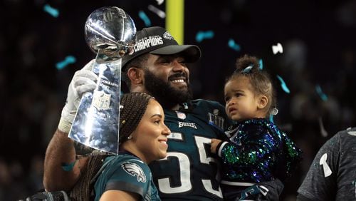 Brandon Graham of the Philadelphia Eagles poses with the Lombardi Trophy after defeating the New England Patriots 41-33 in Super Bowl LII at U.S. Bank Stadium on February 4, 2018 in Minneapolis, Minnesota.  (Photo by Mike Ehrmann/Getty Images)