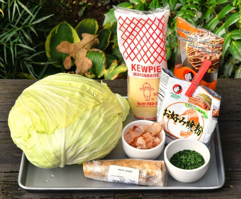 If you want to make okonomiyaki, the classic Japanese cabbage pancake, at home, here are some key ingredients: Chinese cabbage, Japanese Kewpie brand mayo and okonomiyaki sauce (in packages); nagaimo (yam), bonito flakes, okonomiyaki mix, and nori flakes. Styling by Wendell Brock / Chris Hunt /For The AJC