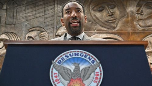 February 3, 2022 Atlanta - Mayor Andre Dickens announces the settlement with Integral Group CEO Egbert Perry (not pictured) and the Atlanta Housing Authority President Eugene Jones (not pictured) during a press conference at Atlanta City Hall on Thursday, February 3, 2022. (Hyosub Shin / Hyosub.Shin@ajc.com)