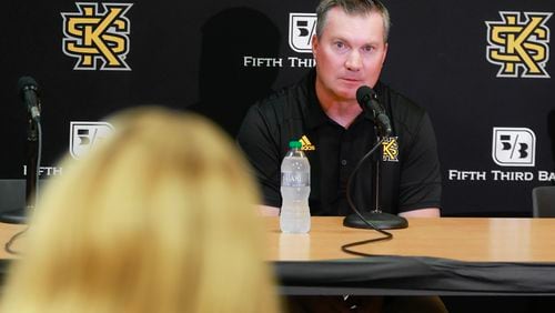 Kennesaw State football coach Brian Bohannon speaks to the media about the coming football season on Monday, July 24, 2023. (Natrice Miller/ AJC file)