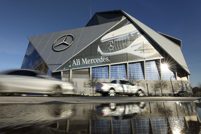 Mercedes-Benz Stadium is shown on Northside Drive, Tuesday, February 6, 2024, in Atlanta. Mercedes-Benz Stadium won’t be referred to by its bought name during the 2026 World Cup. Instead, FIFA will refer to the $1.6-billion venue by a more generic moniker, Atlanta Stadium. (Jason Getz / Jason.Getz@ajc.com)