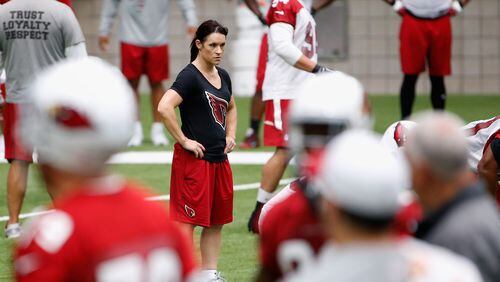 Intern linebacker coach Jen Welter of the Arizona Cardinals on the field during the team training camp at University of Phoenix Stadium on August 1, 2015 in Glendale, Arizona.  (Photo by Christian Petersen/Getty Images)