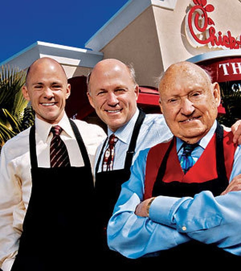 Andrew Cathy (left) has been picked to be the next chief executive officer of Atlanta-based fast-food chain Chick-fil-A. His father, Dan Cathy (center), is the company's current chief executive. The chain was founded by Andrew Cathy's now-deceased grandfather, Truett Cathy (right). 
Undated photo courtesy of Chick-fil-A.