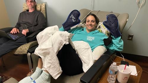 Director of nonprofit Harts of Teal Kim Airhart, who is battling a recurrence of ovarian cancer, had her first round of chemo on March 11. Courtesy of Kim Airhart