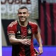 Atlanta United forward Giorgos Giakoumakis (7) reacts after scoring his team’s first goal during the first half against the Chicago Fire at Mercedes-Benz Stadium on Sunday, March 31, 2024.
 Miguel Martinez / miguel.martinezjimenez@ajc.com