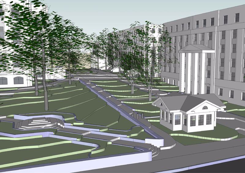 A conceptual drawing shows what Mitchell Street would look like from the west if it were permanently closed and a guard house were installed at its entrance. The Judicial Building is shown on the right. 