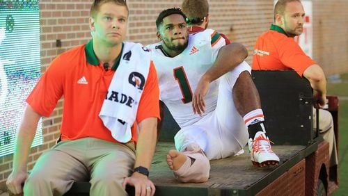 Miami running back Mark Walton was sidelined in the Hurricanes’ win over Florida State with what proved a season-ending injury.