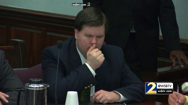 Justin Ross Harris reacts to the testimony of his ex-wife Leanna Taylor as she describes how she learned that their son Cooper had died, at his murder trial at the Glynn County Courthouse in Brunswick, Ga., on Monday, Oct. 31, 2016. (screen capture via WSB-TV)
