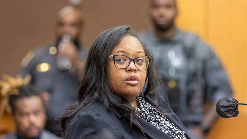 Angela D’Williams, an attorney for Rodalius Ryan, speaks at a hearing for the YSL case in Atlanta on Thursday, December 22, 2022.   (Arvin Temkar / arvin.temkar@ajc.com)