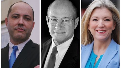 Incumbent Republican Chris Carr, left, Libertarian Martin Cowen and Democrat Jen Jordan will face off in the attorney general's race in November. Submitted photos.