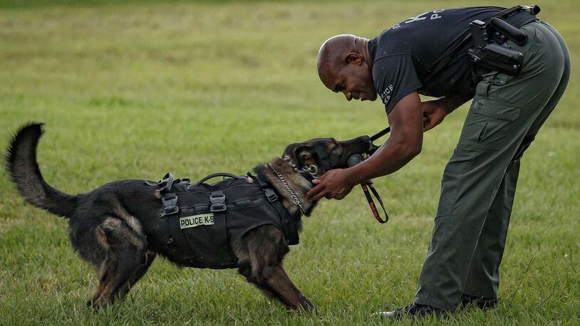 A K-9 and his officer work out in Boynton Beach, Florida, on June 30, 2016.