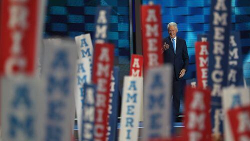 PHILADELPHIA, PA - JULY 26: Former US President Bill Clinton arrives on stage to deliver remarks on the second day of the Democratic National Convention at the Wells Fargo Center, July 26, 2016 in Philadelphia, Pennsylvania. Democratic presidential candidate Hillary Clinton received the number of votes needed to secure the party's nomination. An estimated 50,000 people are expected in Philadelphia, including hundreds of protesters and members of the media. The four-day Democratic National Convention kicked off July 25. (Photo by Joe Raedle/Getty Images)