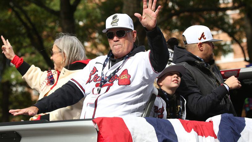 Braves manager Brian Snitker waves to the crowd during the Braves' World Series parade in Atlanta, Georgia, on Friday, Nov. 5, 2021. (Photo/Austin Steele for the Atlanta Journal Constitution)
