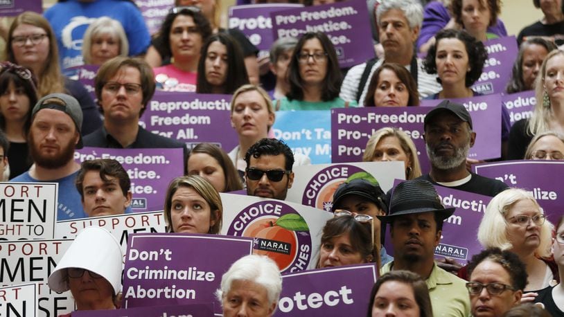 Pro-choice supporters at the Georgia state Capitol in May to discuss abortion laws in Georgia and across the country. Georgia was the fourth state this year to pass abortion-limiting “heartbeat” legislation. Bob Andres / bandres@ajc.com