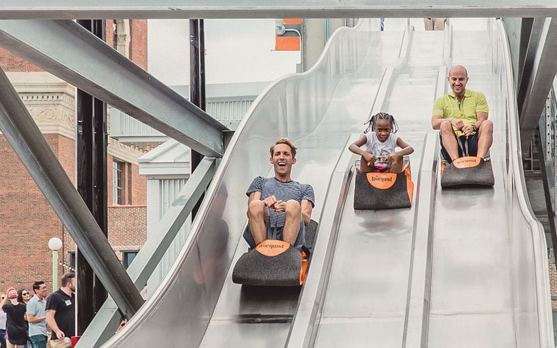 The Skyline Slide is part of the old-timey fun on the rooftop Skyline Park at Atlanta's Ponce City Market.