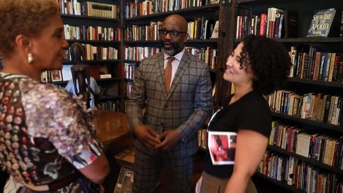 LEFT to RIGHT: Linda Johnson Rice, Theaster Gates and Bethany Collins talk at the Stony Island Arts Bank, 6760 S. Stony Island Avenue in Chicago, on Thursday, June 28, 2018, during the unveiling of “A Johnson Publishing Story,” a comprehensive look at Johnson Publishing, the Chicago business behind Ebony and Jet magazines that were essential interpreters of the 20th century African American experience. (Terrence Antonio James/Chicago Tribune/TNS)