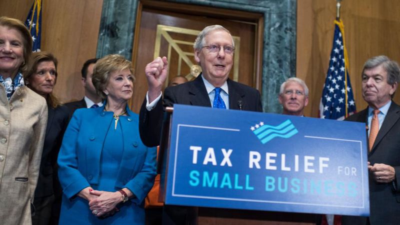 NOVEMBER 30: Senate Majority Leader Mitch McConnell, R-Ky., speaks during a news conference in Dirksen Building on the importance of passing the tax reform bill for small businesses on November 30, 2017. Also appearing in the front row are, from left, Sen. Shelley Moore Capito, R-W.Va., Linda McMahon, administrator of the U.S. Small Business Administration, Sens. Roger Wicker, R-Miss., and Roy Blunt, R-Mo. (Photo By Tom Williams/CQ Roll Call)