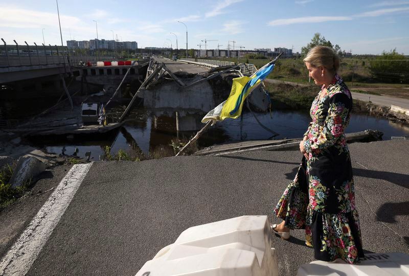 Britain's Sophie, Duchess of Edinburgh, visits the Romanivska Bridge in the town of Irpin, Ukraine, Monday, April 29, 2024. (Anatolii Stepanov/Pool via AP)