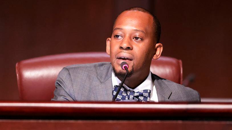 Council member Antonio Lewis during discussion as the Atlanta City Council held their first in person meeting since they were suspended at start of the pandemic In Atlanta on Monday, March 21, 2022.   (Bob Andres / robert.andres@ajc.com)