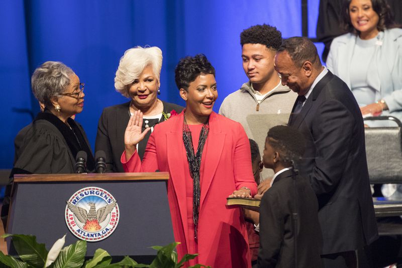 Surrounded by her family, Keisha Lance-Bottoms is sworn in as Atlanta’s 60th mayor Tuesday, January 2, 2018, at Martin Luther King Jr. International Chapel at Morehouse College in Atlanta. (ALYSSA POINTER/alyssa.pointer@ajc.com