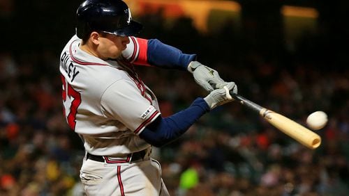 Braves rookie Austin Riley hits a three-run homer during the seventh inning against the San Francisco Giants May 22, 2019, at Oracle Park in San Francisco.