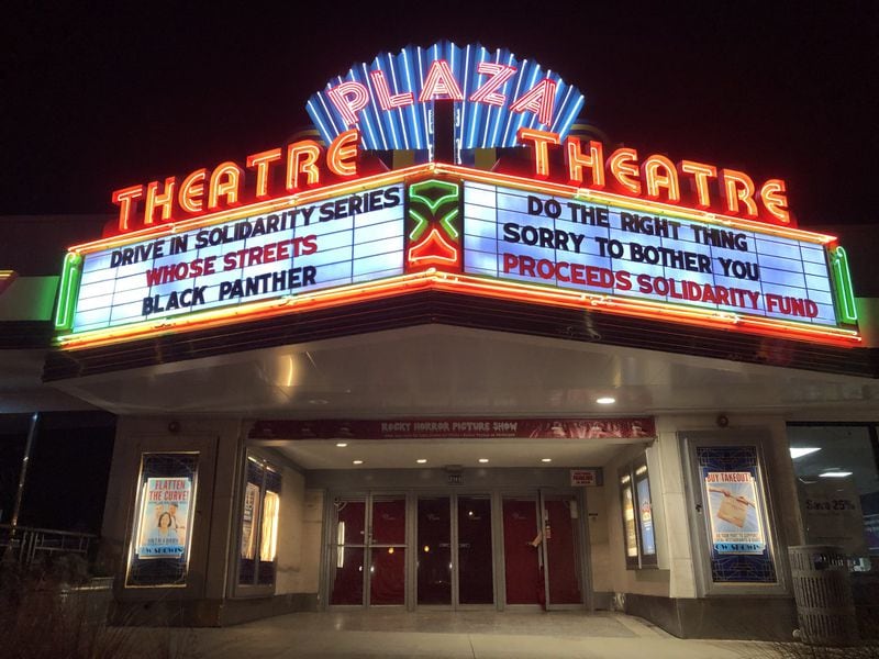 The Plaza Theatre marquee promotes its drive-in Solidarity Cinema Series featuring films with a social justice angle. Contributed by Plaza Theatre