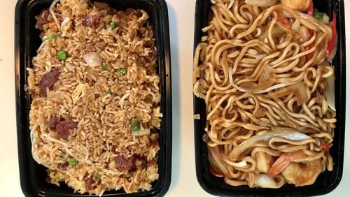 Among the dishes available for takeout from LanZhao Ramen are sausage fried rice and a stir-fry of hand-pulled noodles with shrimp. CONTRIBUTED BY WENDELL BROCK